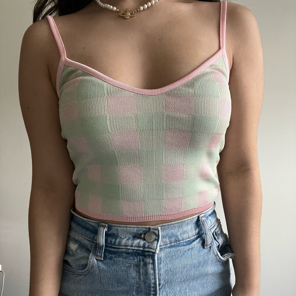 Zara Pink and Green Checkered Cropped Tank Top